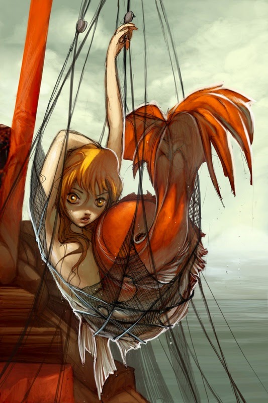 mermaid caught in fishing net